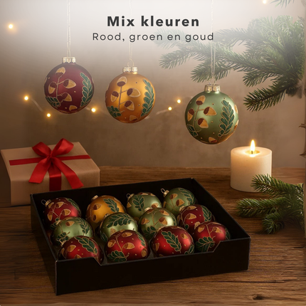 Cheqo® Glazen Kerstballen - Set van 12 - Mat Kerstballen - 8 CM Diameter - Rood Groen Goud - Kerstboomversiering - Kerstversiering - Goudkleurig Kapje - Rode Kerstballen Set