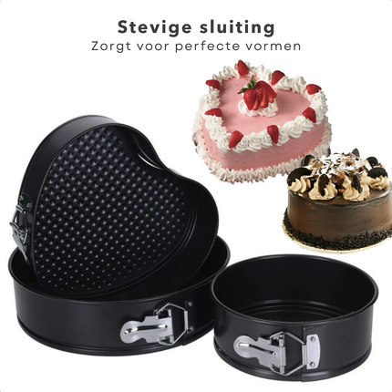Cheqo® Springvorm Set 3-Delig - Ovenbestendig - Hartvormig en Ronde Bakvormen - Bakvorm set - Springvorm - Cakevorm - Bakvormen - Hartjes Taartvorm - Zwart