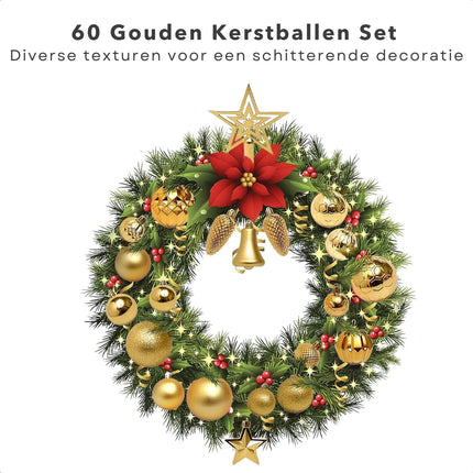 Cheqo® Gouden Kerstballen Set - 60 stuks - Kunststof - Kerstboomversiering - Kerstversiering - Onbreekbaar - Verschillende Formaten & Designs - Kerstboom - Kerstballenset - Kerstdecoratie - Kerst - Christmas Kerstballen