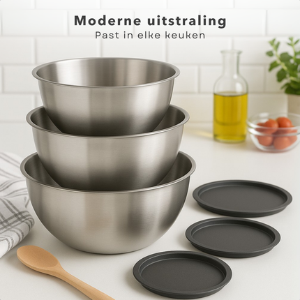 Cheqo® RVS Mengkommen Set - Mixkom - Beslagkommen Set - Mengkom Set - Beslagkom Stapelbaar en Met Deksel - 3-delig - RVS