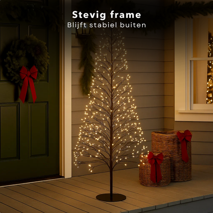 Cheqo® Outdoor Lichtboom - Kerstverlichting Buiten - Micro LED-Lampjes - Warm Wit Licht - IP44 Spatwaterdicht - Zwarte Metalen Frame - 210 CM Hoogte - Tuinverlichting Kerst - Kerstboom Vorm