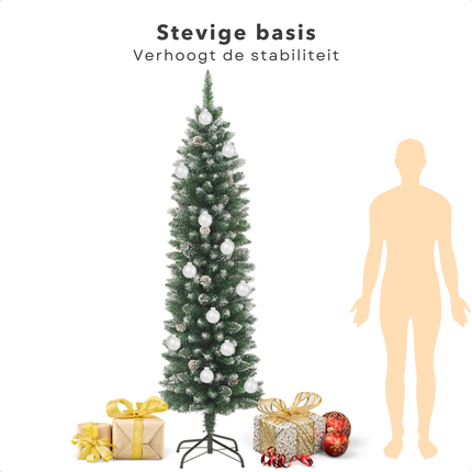 Cheqo® Kunstkerstboom Smal - Smalle Kerstboom - 180 cm - Realistisch PVC - Inclusief Standaard en Sneeuwdecoratie