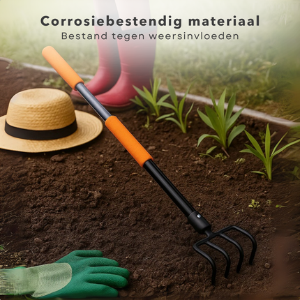 Cheqo® Tuinhark - Glasvezel Steel - Koolstofstaal Kop - 4-Tands Hark - Lichtgewicht Tuinhark - Duurzame Tuinhark - Comfortabele Grip - PVC Handgreep - Tuinieren Gereedschap - Bladeren Opruimen - Tuinafval Verwijderen - Grond Voorbereiden