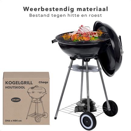 Cheqo® Houtskool Barbecue - Kogelgrill Houtskoolbarbecue - BBQ - Barbecue met Wielen - Zwart Metaal - Op Wielen