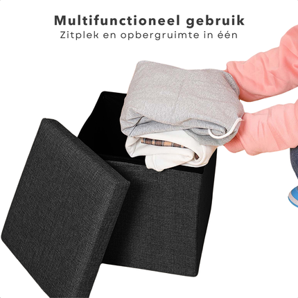 Cheqo® Opvouwbare Poef Met Opbergruimte - Zwart - Opbergbox - Organizer - Voetenbankje - Hocker - MDF en Katoen