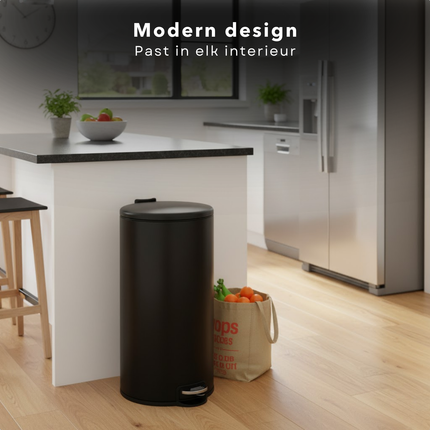 Cheqo® Pedaalemmer 30L – Mat Zwarte Prullenbak – 30 Liter Afvalemmer – Pedaalbediening – Anti-Slip Bodem – Uitneembare Binnenemmer – Keuken Afvalbak – Bijkeuken Prullenbak – Huishoudelijk Gebruik – Mat Zwart Design – Ruime Pedaalemmer