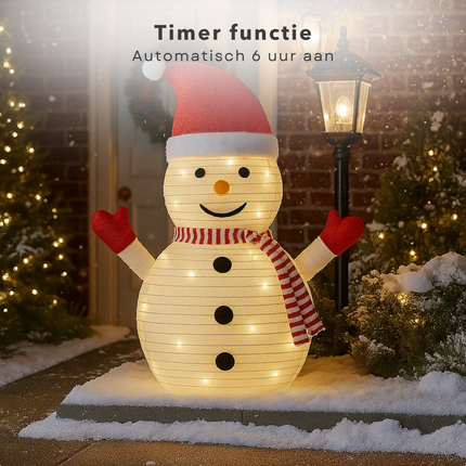 Cheqo® LED Sneeuwpop - Warm Witte LED - Opvouwbaar - Timer Functie op Batterijen - IP44 - Geschikt Voor Buiten - Kerstdecoratie Buiten - Tuinfiguur Kerstdecoratie - Sneeuwpop Buiten - Kerstfiguur - Kerstlampjes