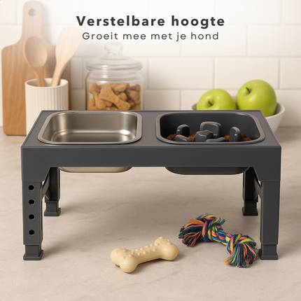 Cheqo® Verstelbare Hondenvoerbak – 5 Hoogtes – Anti Schrokbak & Slow Feeder – RVS Drinkbak – Opklapbaar – Kunststof Standaard – Anti-Slip Poten – Dubbele Eet- en Drinkbak – Voor Grote & Kleine Honden – Zwart – Morsbestendig