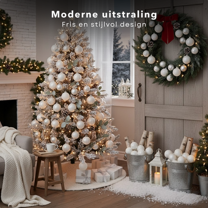 Cheqo® Kerstballen Set - Glazen Kerstballen - Witte Kerstballen - Kerstboom Decoratie - Glimmende Kerstballen - Glitter Kerstballen - Moderne Kerstdecoratie - Witte Kerstbal Set - Witte Ballen Kerst