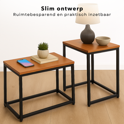 Cheqo® Industriële Bijzettafels Set - Bijzettafel Set - Bijzet Tafel - Salontafel Industrieel - Verstelbaar & In Elkaar Schuifbaar - MDF & Metaal