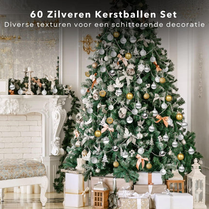 Cheqo® Kerstballen Set - Kerstballenset - Kerstdecoratie - Kerstboom Versieren - Kerstversiering - Onbreekbaar - Met Ophangoogje - Kerstversiering Kerstboom - Mat - Glans - Glitter  - 60 Stuks - Zilver Kerstballen