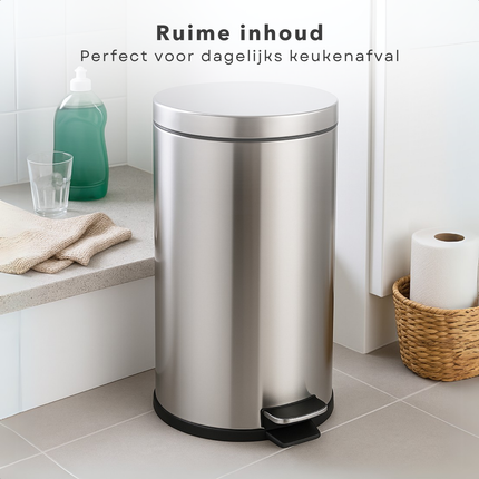 Cheqo® RVS Pedaalemmer 30L - Prullenbak - Afvalbak - Prullenmand - Vuilnisbak - Met Binnenemmer en Anti-slip