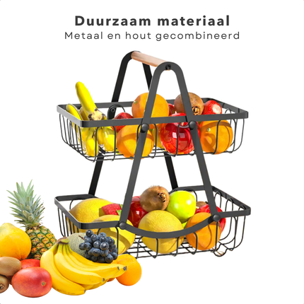 Cheqo® Fruitrek - Zwart Metaal & Hout - 2 Lagen - Moderne Etagere - Fruitmand - Fruitschaal - Keukenorganizer - Aanrecht Organizer - Keuken Bureau Organizers – Aardappelbak - Keukenopslag - 43 cm