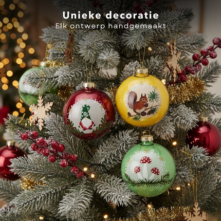 Cheqo® Glazen Kerstballen - Set Van 12 - Glanzend Kerstballen - Traditionele Kerstballen - Rode Kerstballen - Gele Kerstballen - Groene Kerstballen - Kerstboomversiering - Kerstdecoratie - Glazen Ornamenten - Kerstbal Set