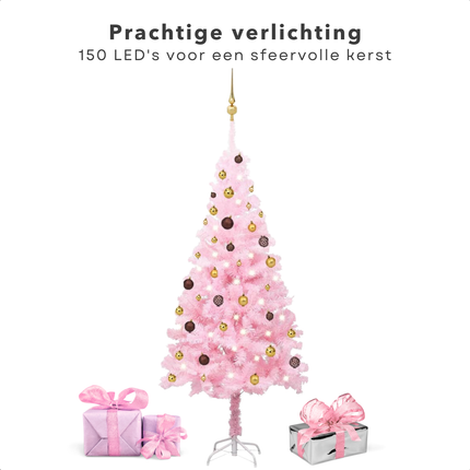 Cheqo® Roze Kerstboom - Kunstkerstboom 180 cm - Met LED-Verlichting en Kerstballen - PVC en Staal