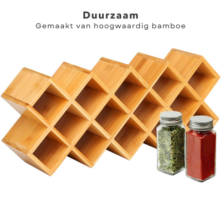 Cheqo® Bamboe Kruidenrek -  Kruidenpotjes Rek - Aanrecht Organizer - Kruidenrekje - 18 Glazen Potjes - Keukenorganizer met Labels en Stift