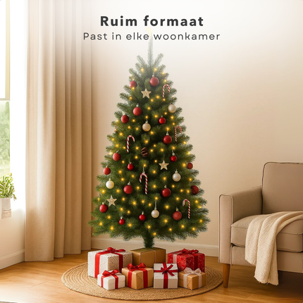 Cheqo® Kunstkerstboom Met Verlichting - Kunstkerstboom 185 cm - Verstelbare Takken - Onderhoudsvriendelijke Kerstboom - Kunststof Kerstboom - Kerstboom Voor Binnen - Warm Witte LED Lampjes - Kerstboom Met Standaard - Ruimtebesparende Kerstboom