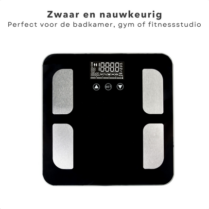 Cheqo® Smart Scale - Personenweegschaal - BMI, BMR, Vetpercentage, Watergehalte - 200kg Capaciteit - 8 Geheugenplaatsen - Automatische aan-/uitschakeling - 34.5x32.5x4cm - Lichaamsanalyse - Lange Levensduur Personenweegschaal