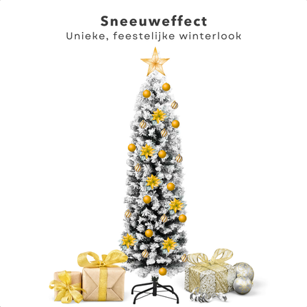 Cheqo® Kunstkerstboom Smal - Smalle Kerstboom - 150 cm - Met Sneeuw - PVC - Binnen/Buiten Gebruik