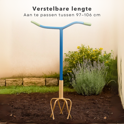 Cheqo® Tuinklauw Verstelbaar - 4-Tands Woelvork - Grond Beluchten - Onkruid Verwijderen - in Lengte Verstelbaar - Ergonomisch Handvat - Staal met Kunststof - Rug- en Knieontlastend - Tuinieren zonder Bukken - Woelvork met Handvatten