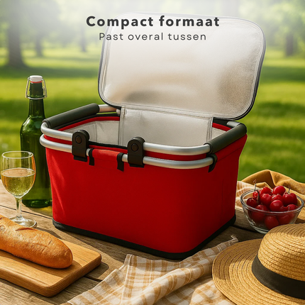 Cheqo® Opvouwbare Picknickmand - Picknickmand Rood - Koelmand Met Rits - Aluminium Frame - Oxford Cloth - Lichtgewicht Mand - Draagbare Picknickmand - Picknickmand Met Handvat - Picknickmand Voor Buiten - Picknickmand Voor Reizen