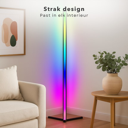 Cheqo® LED Hoeklamp RGB en Wit Licht – Staande Lamp met Muziek Sensor – Dimbaar Licht met Afstandsbediening – USB-C Oplader – 15W – 360 Lumen – Gaming Lamp – Sfeerverlichting Woonkamer – Slimme Verlichting – Disco Lamp – Thuis Bioscoop