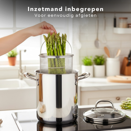 Cheqo® Aspergepan RVS - Pastapan - Glazen Deksel - Stoomuitlaat - Inzetmand - Vaatwasser Veilig - Geschikt Voor Inductie - Alle Warmtebronnen - Roestvrij Staal - 4.2 Liter Inhoud - 16 cm Diameter - 21 cm Hoog - Multifunctioneel Koken