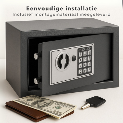 Cheqo® Elektronische Kluis - Met Cijferslot & Noodsleutel - Staal - Muurbevestiging - Donkergrijs