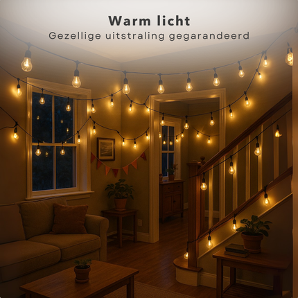Cheqo® Outdoor Feestverlichting - 12,5 Meter Lang - 20 LED-Lampen - Warm Wit Licht - Tuinverlichting - LED Lichtslinger - Sfeerverlichting Buiten - Adapter Inbegrepen - Feestelijke Verlichting - Fairy Lights