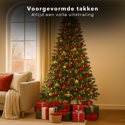 Cheqo® Kunstkerstboom 240 CM - Realistische Naalden - Scharnierconstructie - Snel Op Te Zetten - Groen - Zonder Verlichting - Voorgevormde Takken - Natuurgetrouwe Uitstraling - Kerstboom Decoreren - Kunstboom