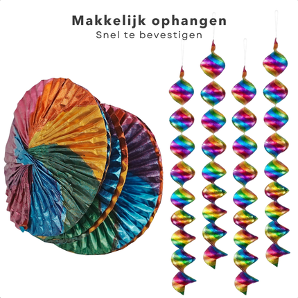 Cheqo® Regenboog Rotorspiralen - Slingers - Swirl Feestdecoratie 60 cm - Lichtreflecterende Folie -  Verjaardag Versiering - Set van 4
