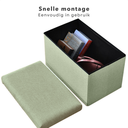 Cheqo® Opvouwbare Poef Met Opbergruimte - Groen - Grote Opbergbox - Organizer - Voetenbankje - Hocker - MDF en Katoen