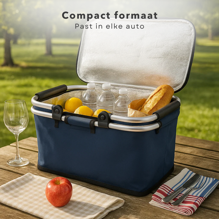 Cheqo® Picknickmand Blauw - Opvouwbare Koelmand - Aluminium Frame - Oxford Cloth - Met Rits - Lichtgewicht Koelmand - 40 x 23 x 20 cm - Picknick Accessoire - Draagbare Koelmand