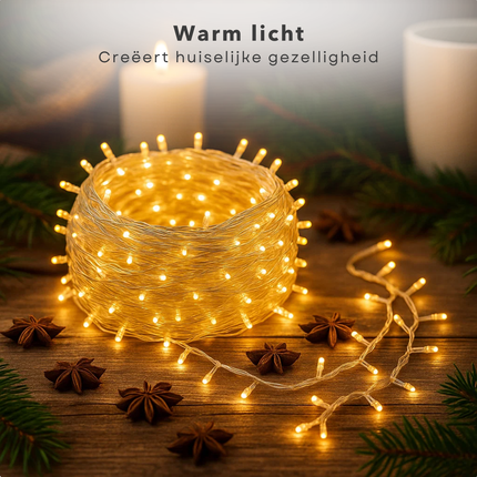Cheqo® LED Verlichting - 80 LED Lampjes - Warm Wit - Lichtfuncties - Timer Functie - Kerstboomverlichting Transparant Snoer - Binnen En Buiten - IP44 Adapter - Kerstverlichting - Lichtslinger - Sfeerverlichting - Kerstlampjes