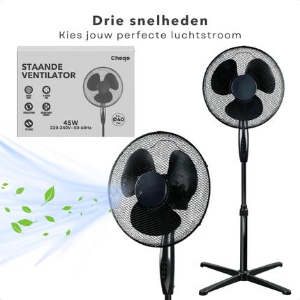 Cheqo® Ventilator - Statief Ventilator - Airco Alternatief - Fan - Statiefventilator 40cm - Zwart 45W - Verstelbaar voor Koelcomfort - 230V