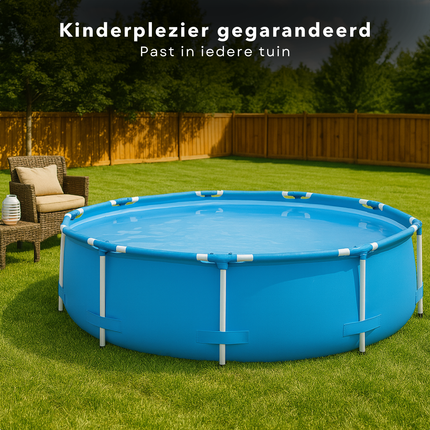 Cheqo® Zwembad Set – Rond Opzetzwembad met Stevig Stalen Frame – PVC Liner – Filterpomp & Cartridge – Leegloopventiel – Zwembad voor Kinderen – Eenvoudig op te Zetten – Tuinzwembad met Accessoires – Zwembad