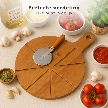 Cheqo® Pizza Snijplank - Pizzaplank - Pizza Plank - Acaciahout Snijplank - Pizzabord Met Groeven - Pizzasnijder Inbegrepen - Snijplank Met Handvat - Ophangoog Snijplank - Pizza Serveren