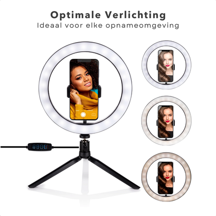 Cheqo® Selfie Ringlamp Set - 25 cm LED Ringlicht met Statief - Selfie Ringlight - Ring Light - Flexibele Telefoonhouder - USB Oplaadbaar - Verstelbaar Statief