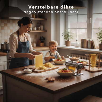 Cheqo® Pasta Machine - Pastamaker - Verse Pasta Maken - Roestvrijstaal - Handmatige Bediening - Tafelklem - Spaghetti Maken - Fettuccine Snijden - Lasagne Vellen - Ravioli Maken - 9 Standen - Pastadikte Instellen - Pastamachine