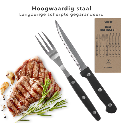 Cheqo® BBQ Steakmessen en Vorken Set - Steakmes - Barbecue Bestek - 8-delig - RVS Zwart - Perfect voor BBQ