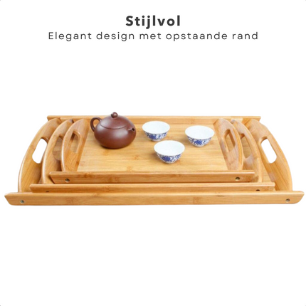 Cheqo® Bamboe Dienbladen Set - Serveerbladen Met Handgrepen - Set Van 3 Bamboe Serveerbladen - Dienblad Set - Bedtafel - Serveerblad