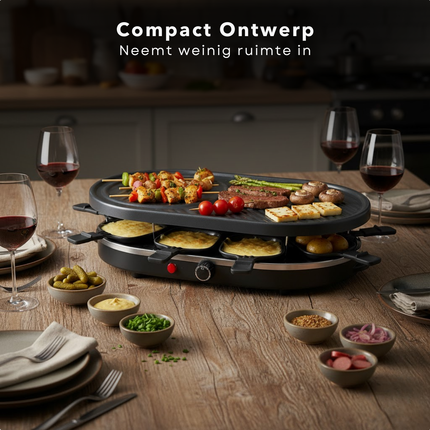 Cheqo® Raclette Grill 8 Personen - Compacte Raclette Grill - Stalen Grillplaat - Antiaanbaklaag - PFAS-Vrij - Gourmet - Gourmetten - Anti-Slip Voetjes - Houten Spatels - Eenvoudig Te Reinigen