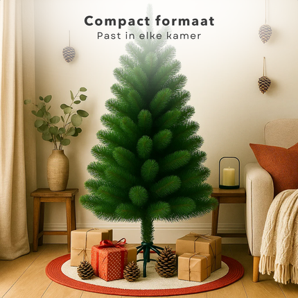 Cheqo® Kunstkerstboom - Zilverspar Uiterlijk - 120 cm Kerstboom - 280 Takken - Metalen Voet - Stabiele Kerstboom - Duurzame Kerstboom - Allergievrij - Onderhoudsvriendelijk - Compacte Kerstboom - Kindvriendelijke Hoogte - Eenvoudig Op Te Zetten