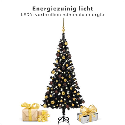 Cheqo® Zwarte Kerstboom - Kunstkerstboom 180 cm - Inclusief LED-Verlichting en Kerstballen - PVC en Staal