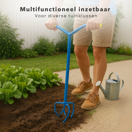 Cheqo® Tuinklauw met Lange Steel – Woelvork 95 cm – Grond Losmaken & Beluchten – Onkruidtrekker – Ergonomisch Tuin Gereedschap – 4 Tanden – Rugvriendelijk – Staal & Kunststof – Cultivator voor Hoveniers