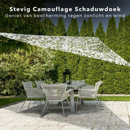 Cheqo® Schaduwdoek Camouflage - Driehoek - 360x360x360 cm - Wit - Waterdoorlatend en Windbestendig - Inclusief Scheerlijnenset - 210D Polyester - Draagzak inbegrepen - Schaduwnet - Schaduwdoeken - Zonwering - Luchtdoorlatend Schaduwdoek