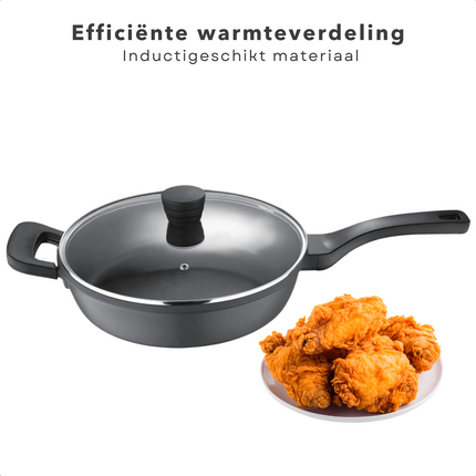 Cheqo® Inductie Diepe Koekenpan met Deksel - Aluminium Non-Stick - Hapjespan - Voor Alle Warmtebronnen - ø28 cm - 3.9L