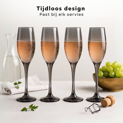 Cheqo® Luxe Champagneglazen Set - Luxe Champagne Glazen Set Smoked - Vaatwasserbestendig - Champagne Glas Set - Donker - Glazenset