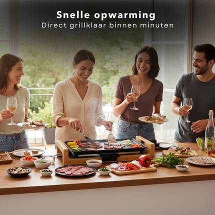 Cheqo® Teppanyaki Bakplaat - Grillplaat Grill - Elektrische Tafelgrill - Bamboe Hout - Bakplaat Kerst - Verstelbare Temperatuur - 2000W Vermogen - Tafelgrill Voor Gezin - Tepanyaki Plaat - Gourmet Grillplaat - Gourmetten Elektrisch