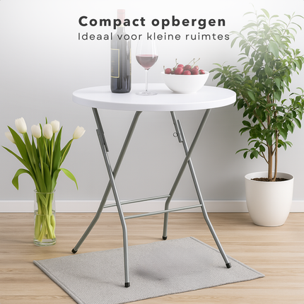 Cheqo® Opvouwbare Bartafel Ø80x110 cm – Ronde Statafel Wit – Inklapbare Partytafel – Kunststof Tafelblad – Stalen Frame – Anti-Slip Poten – Weerbestendig – Klaptafel voor Binnen & Buiten – Draagvermogen 50 kg – Tuinfeest & Evenement